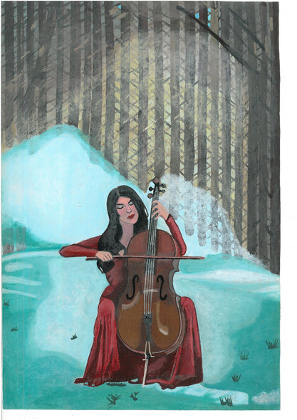 Music in the woods (ART_8932_73683) - Handpainted Art Painting - 12in X 17in