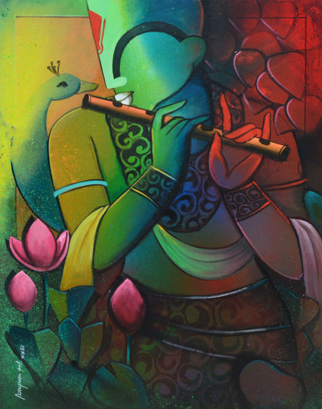 Tunes of flute 10 (ART_6351_73688) - Handpainted Art Painting - 24in X 30in