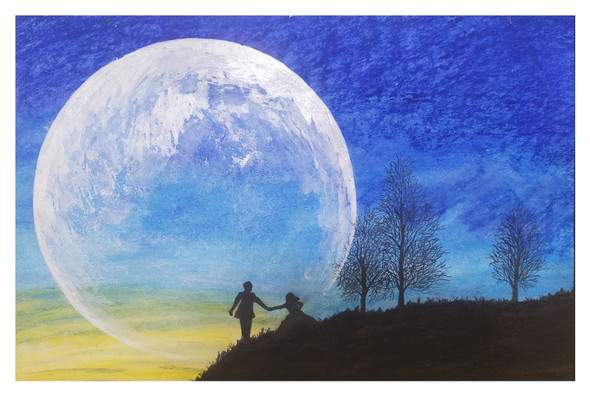 Moon Light Couple  (ART_8968_73592) - Handpainted Art Painting - 19in X 13in