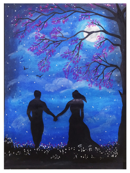 Moonlight Romance  (ART_8968_73598) - Handpainted Art Painting - 10in X 14in