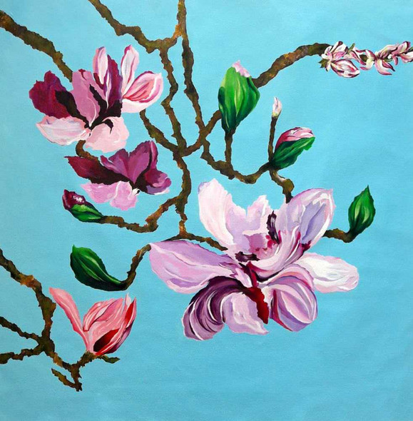 Cherry Blossom Flowers On The Branches Acrylic Painting (ART_8034_73603) - Handpainted Art Painting - 24in X 24in
