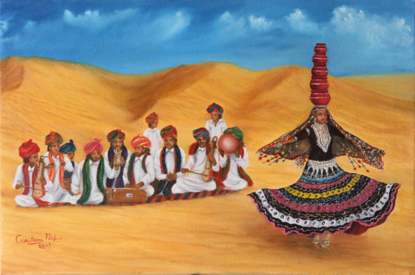 Rajasthani people music and dance (ART_976_56315) - Handpainted Art Painting - 24in X 16in