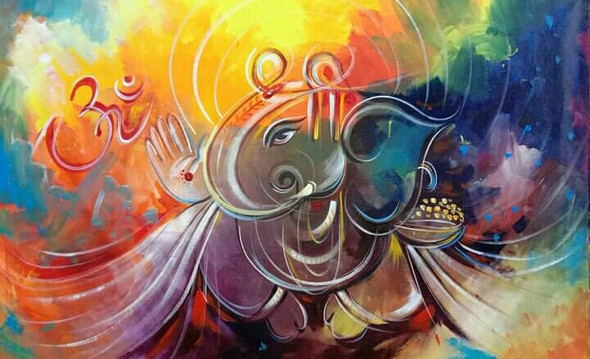 GANESHA PAINTING IN ABSTRACT STYLE (ART_3319_73751) - Handpainted Art Painting - 36in X 24in