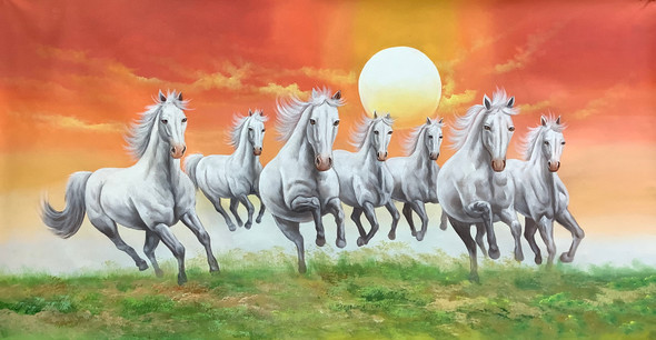 RUNNING HORSES PAINTING- ( 7 RUNNING HORSES VASTU PAINTING) (ART_3319_73735) - Handpainted Art Painting - 48in X 24in