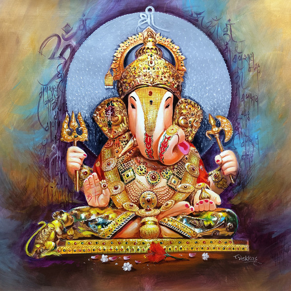 Dagdusheth Ganpati (ART_1038_73882) - Handpainted Art Painting - 24in X 24in
