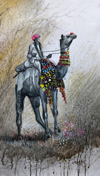 Camel (ART_1038_73879) - Handpainted Art Painting - 14in X 24in