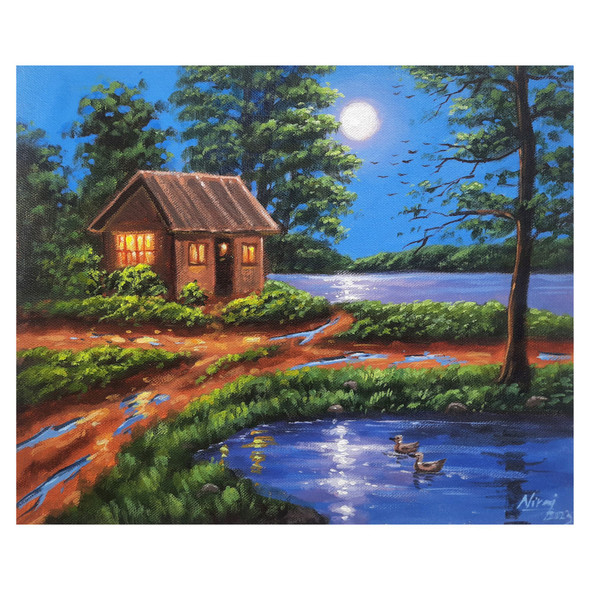 The Moonlight River (ART_4815_73914) - Handpainted Art Painting - 12in X 10in