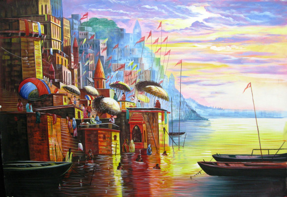 Banaras Ghat - 32in x 24in,FIZCLR17_3224,Banaras,Varanasi,Community Artist Group,Museum Quality - 100% Handpainted