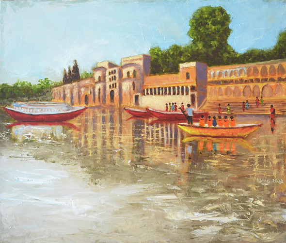 Benaras - Rewa Ghat (ART_8989_74040) - Handpainted Art Painting - 19in X 16in