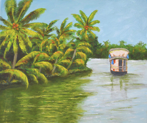 Palm trees in Alleppey (ART_8989_74004) - Handpainted Art Painting - 19in X 16in