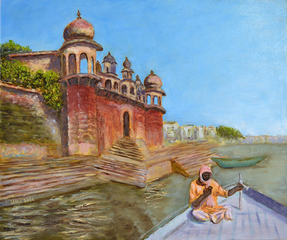 Benaras - Boatman at Chet Singh Ghat (ART_8989_74010) - Handpainted Art Painting - 19in X 16in