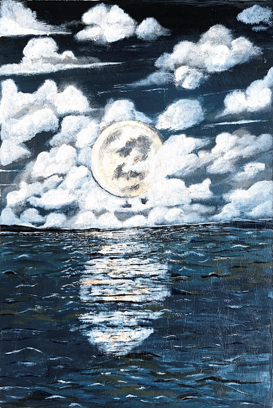 The Moonlit Sea: A Handmade Acrylic Painting on Canvas (ART_8992_74149) - Handpainted Art Painting - 12in X 16in