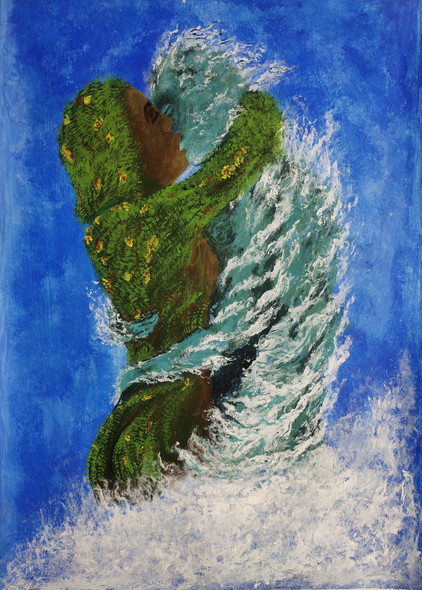 Elements of Love: A Handmade Painting of a Couple Embodying Earth and Water (ART_8992_74143) - Handpainted Art Painting - 16in X 23in