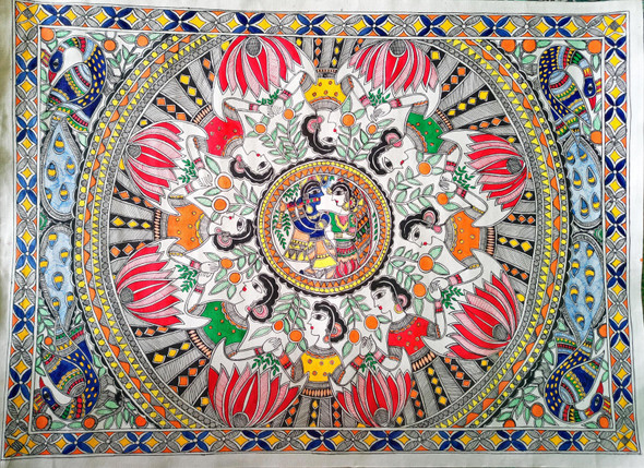 Krishna Raas Leela (ART_9002_74364) - Handpainted Art Painting - 30in X 22in