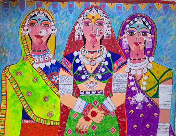 Banjara Friends (ART_1243_74606) - Handpainted Art Painting - 44in X 32in