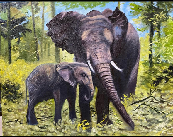 Elephant and its calf (ART_9008_74508) - Handpainted Art Painting - 21in X 16in