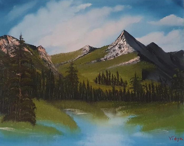 Mountain And Lake (ART_7993_74518) - Handpainted Art Painting - 20in X 16in