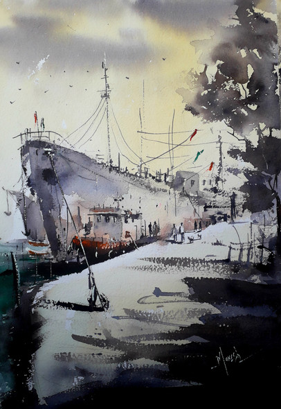 Big Boat (ART_8987_74773) - Handpainted Art Painting - 8in X 12in