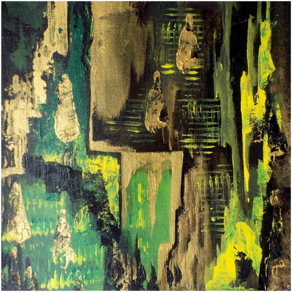 ABSTRACT ART GREEN AND GOLDEN (ART_1033_74660) - Handpainted Art Painting - 12in X 12in