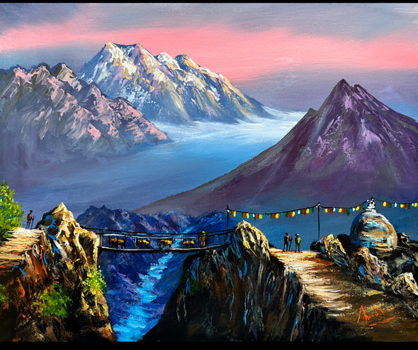 Trekking In Mountain (ART_7615_74807) - Handpainted Art Painting - 20in X 16in