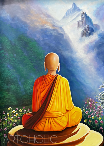 MEDITATING MONK BY ARTOHOLIC (ART_3319_74813) - Handpainted Art Painting - 24in X 36in