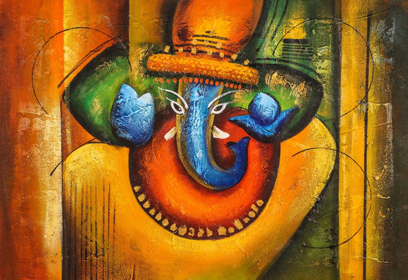 Blue Ganesha with Copper Design - Handpainted Art Painting - 36in X 24in