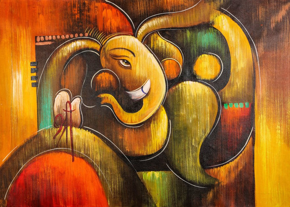 Red Orange Ganesha with Green Dots - Handpainted Art Painting - 36in X 24in