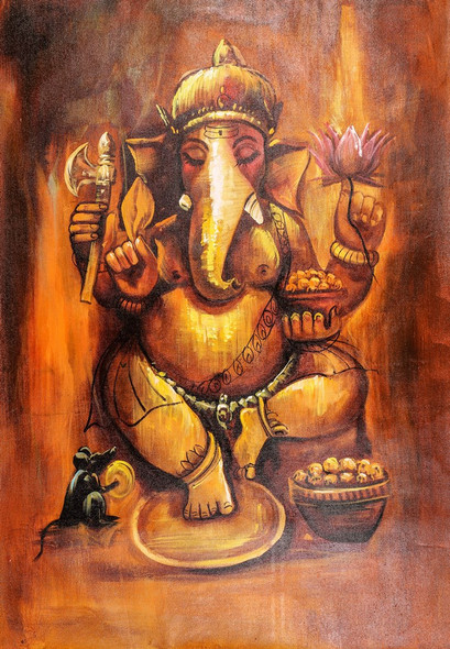 Brown Shade Ganesha - Handpainted Art Painting - 24in X 36in