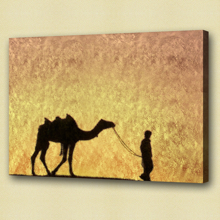 camel, camel in desert, camel walking with man, man, man in desert, man walking