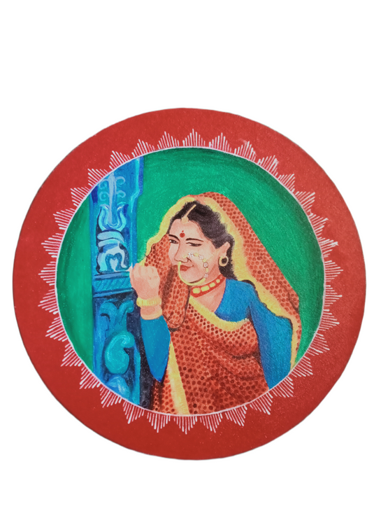 Pahadi Aurat With Aipan Art (ART_9043_75078) - Handpainted Art Painting - 12in X 12in