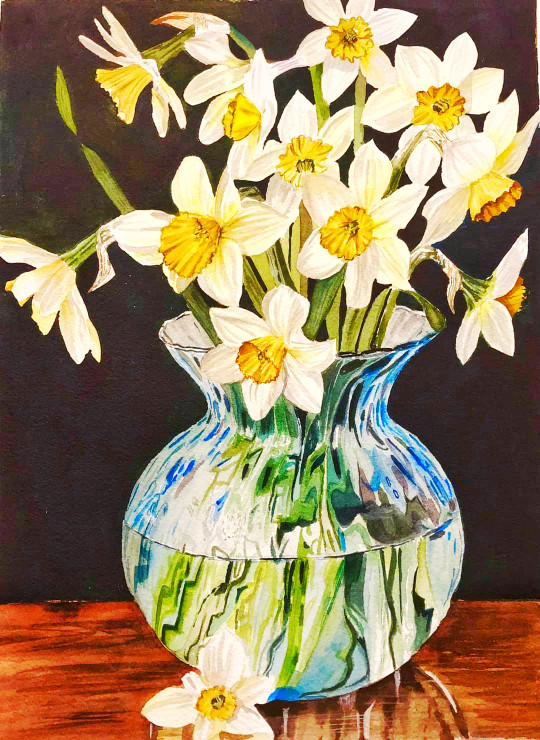 Daffodils in a vase (ART_9040_75083) - Handpainted Art Painting - 12in X 17in