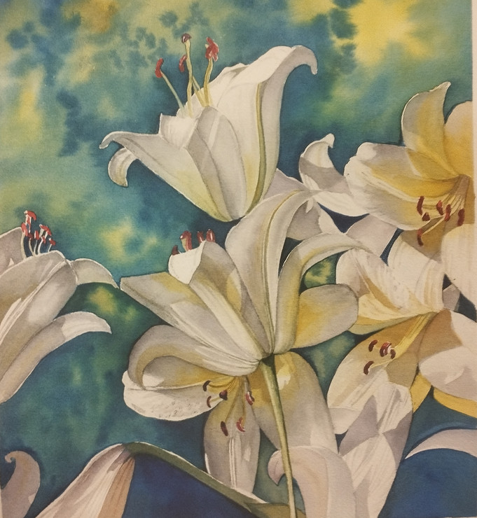 Sunny Lillies (ART_9040_75054) - Handpainted Art Painting - 11in X 12in