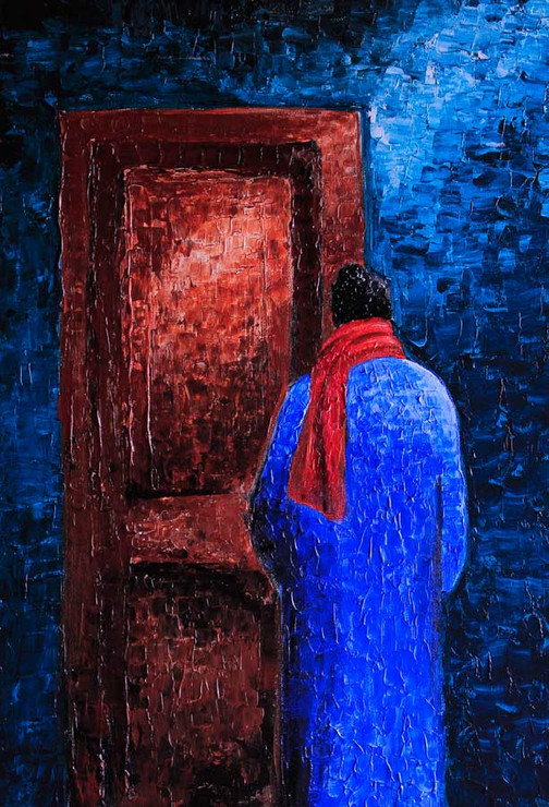 Waiting,Figurative,Door,Man in Blue