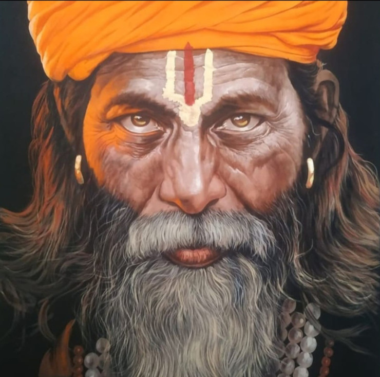 Holy Men Sadhu PaintingIndian Sadhu Painting On Canvas (ART_7555_75248) - Handpainted Art Painting - 18in X 24in