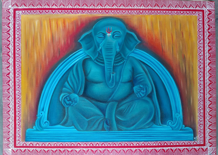 Aipan with ganesha  (ART_9052_75233) - Handpainted Art Painting - 30in X 22in