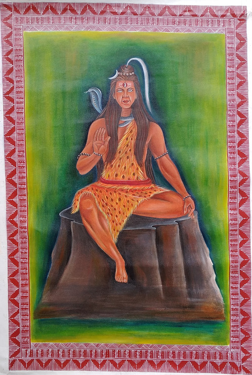 Creative aipan with shiva  (ART_9052_75232) - Handpainted Art Painting - 24in X 36in