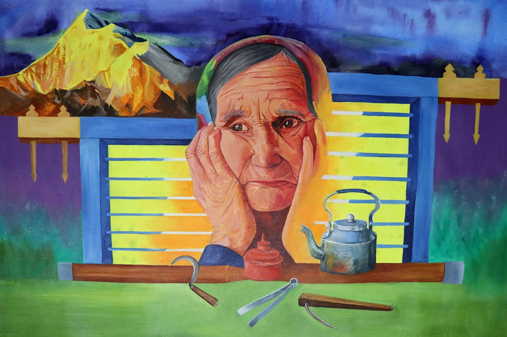 The mountain mother waits. (ART_9053_75218) - Handpainted Art Painting - 48in X 36in