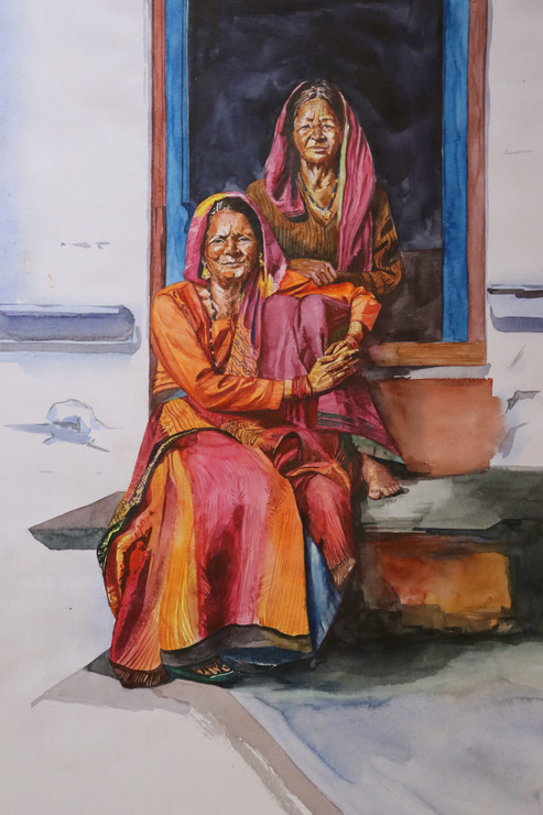 Two phadi Lady  (ART_9053_75216) - Handpainted Art Painting - 10in X 17in