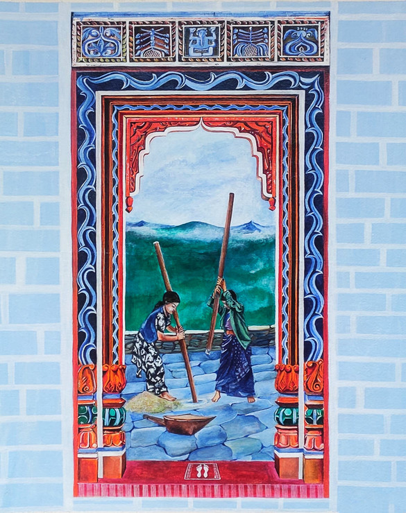 Kumaun dwar with okhal (ART_9053_75214) - Handpainted Art Painting - 18in X 22in