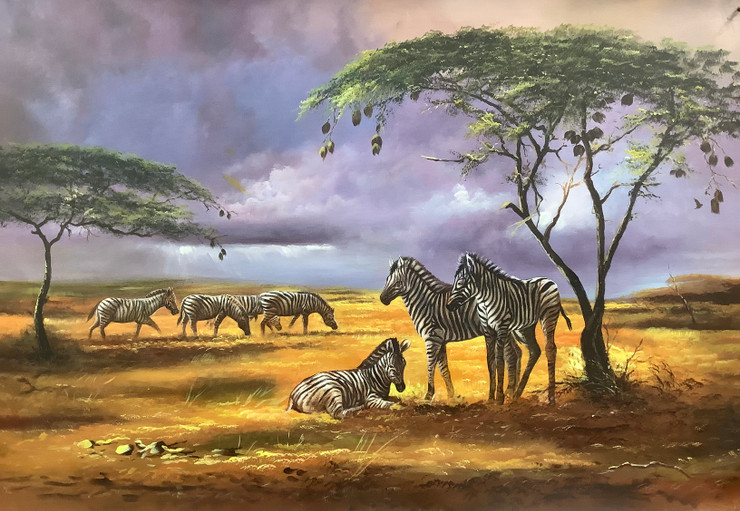 FAMILY OF ZEBRAS IN A JUNGLE (ART_3319_75301) - Handpainted Art Painting - 36in X 24in