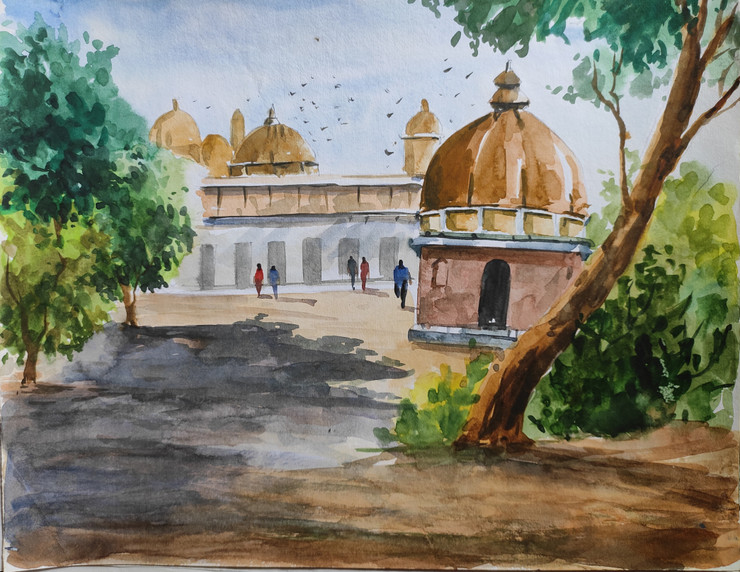 The temple (ART_7901_75383) - Handpainted Art Painting - 13in X 11in