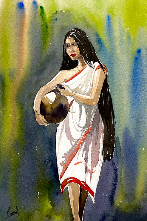 Village girl (ART_8987_75323) - Handpainted Art Painting - 10in X 14in