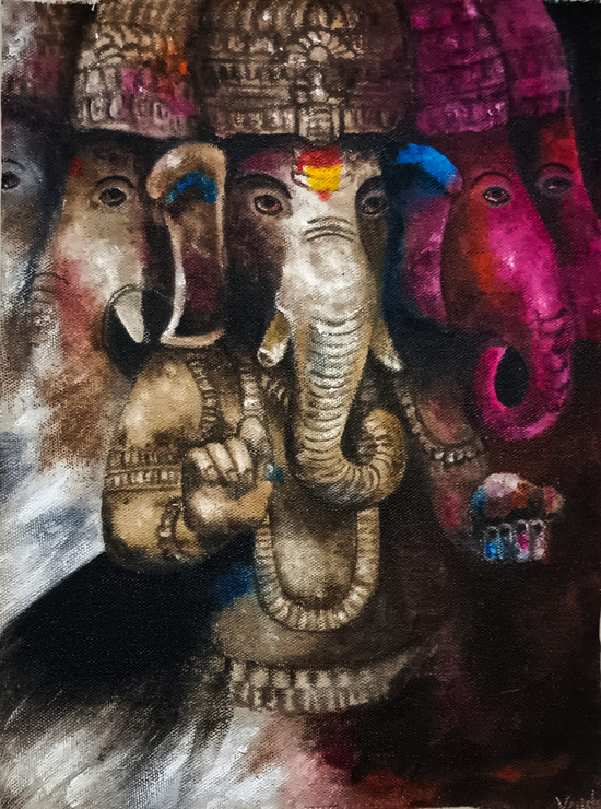 Panchamukhi Ganesha (ART_7602_75315) - Handpainted Art Painting - 8in X 11in