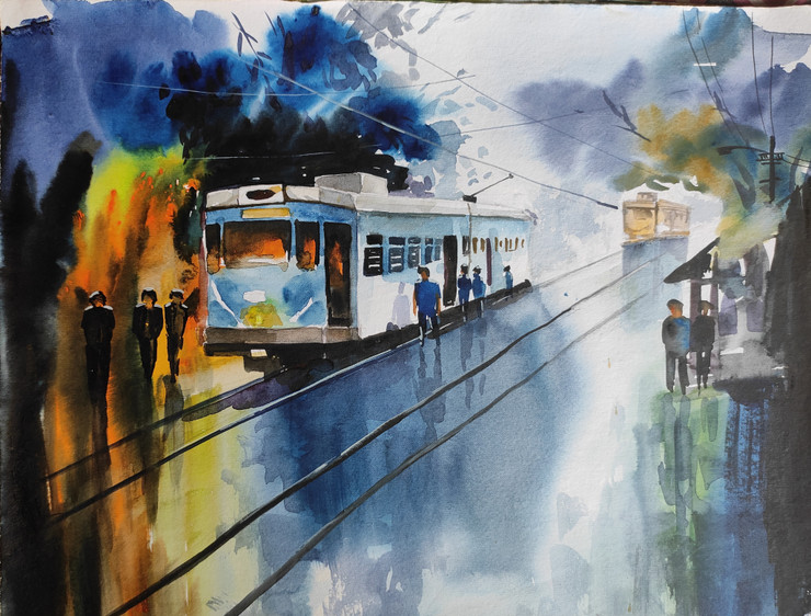 The tram (ART_7901_75407) - Handpainted Art Painting - 13in X 11in