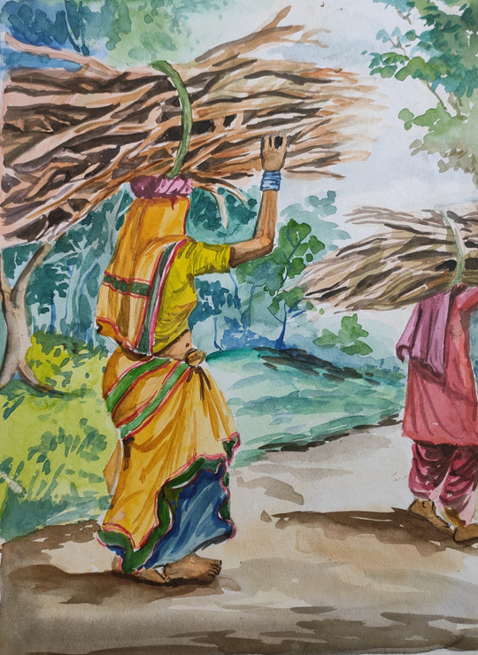 Village woman (ART_7901_75416) - Handpainted Art Painting - 11in X 13in