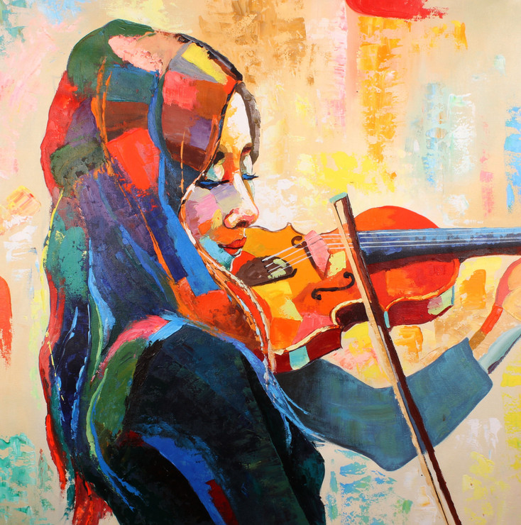 Playing violin  (ART_1522_51197) - Handpainted Art Painting - 36in X 36in