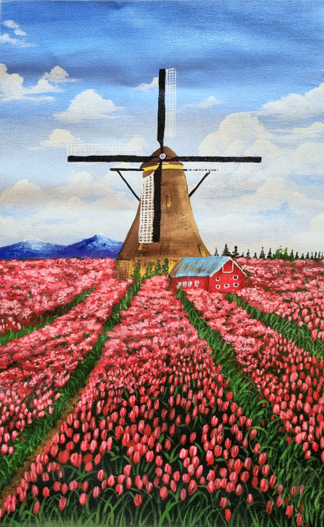 Lost in the sea of  tulips (ART_6989_75719) - Handpainted Art Painting - 14in X 22in