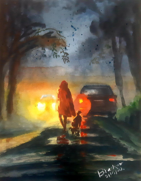 Rainy nights1 (ART_8647_68754) - Handpainted Art Painting - 15in X 21in