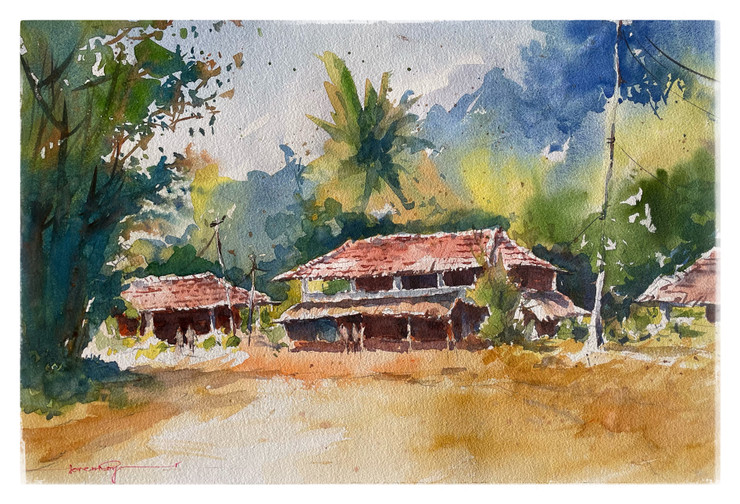 Rural Indian Village scene (ART_5774_75913) - Handpainted Art Painting - 20in X 14in