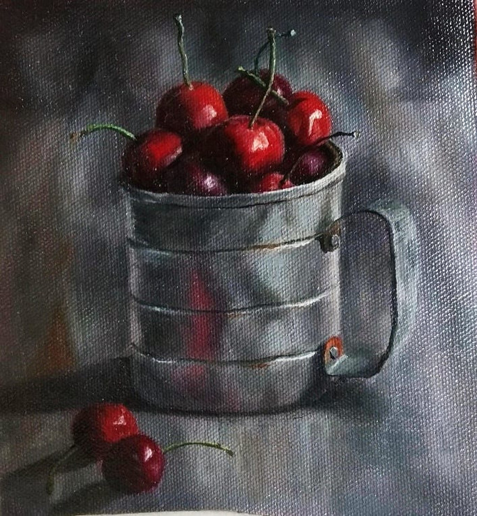 Tin of Cherries (ART_9078_75899) - Handpainted Art Painting - 7in X 7in